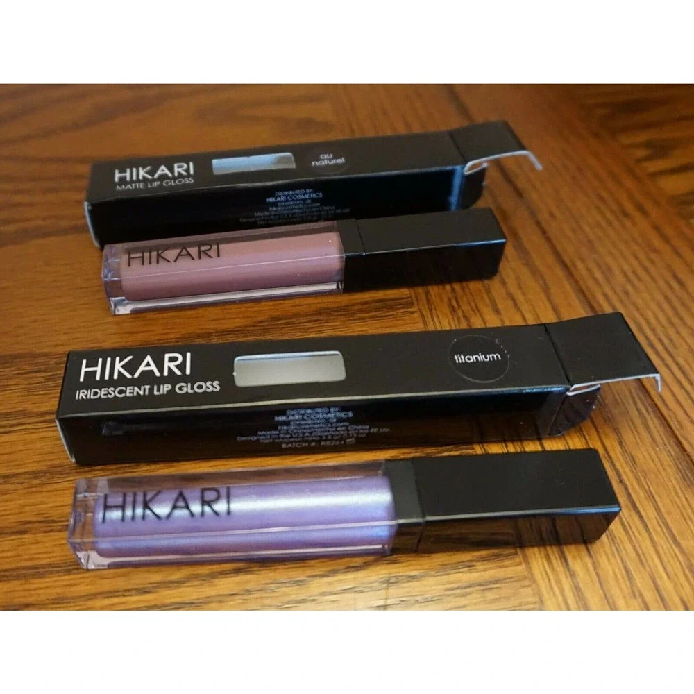 NIB! HIKARI LOT Matte Lip Gloss Au Naturel & Iridescent Lip Gloss Titanium